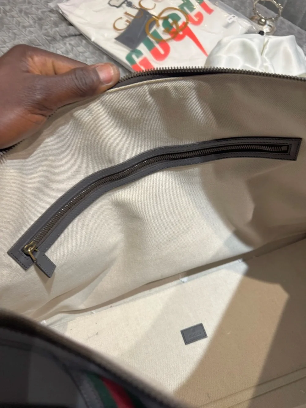 Gucci Gray Leather Duffel with Green and Red Web Stripes